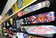 Skateboards on a Wall of a Shop